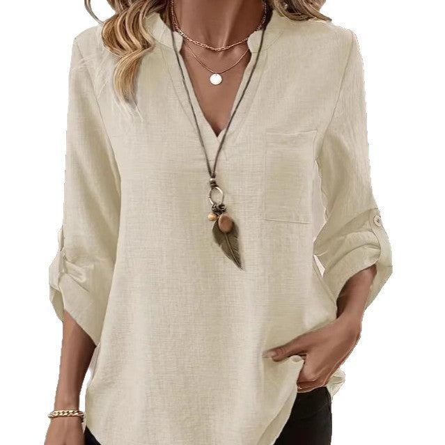 spring/summer european and american cross-border e-commerce new women's casual loose plus size v-neck solid color shirt