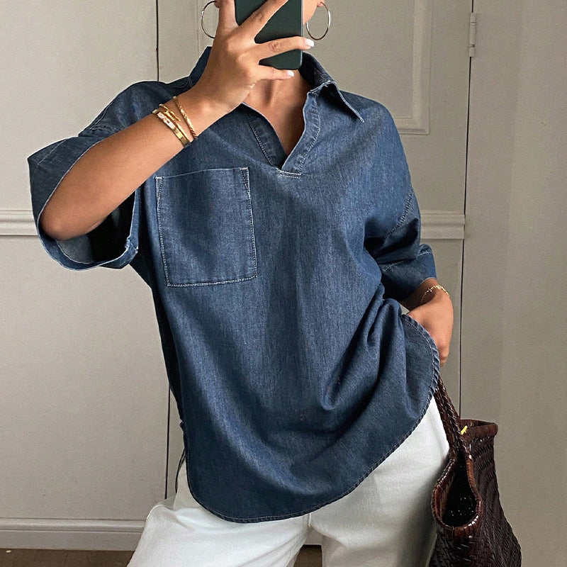 Customized European and American temperament short-sleeved shirt, denim blue V-neck pullover, loose shirt, look at the picture, contract labor and material processing