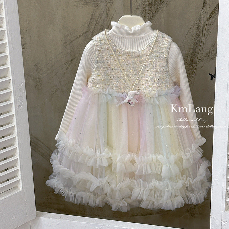 Girls' fashionable sweet tutu dress - fleece-lined gradient color vest dress with mesh skirt