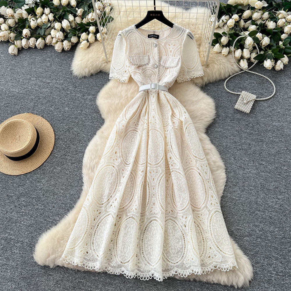Frenchclassy small fragrant style heavy industry beading round neck short sleeve strap waist cut out crochet lacedress for women