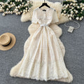 Frenchclassy small fragrant style heavy industry beading round neck short sleeve strap waist cut out crochet lacedress for women