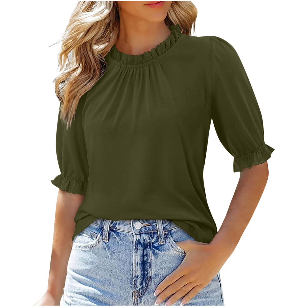 new women's solid color button-down crew neck ruched mid-sleeve top for cross-border