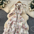 Romantic holiday floral halter dress - women's summer sleeveless tie-waist, figure-flattering, ruffle hem maxi dress