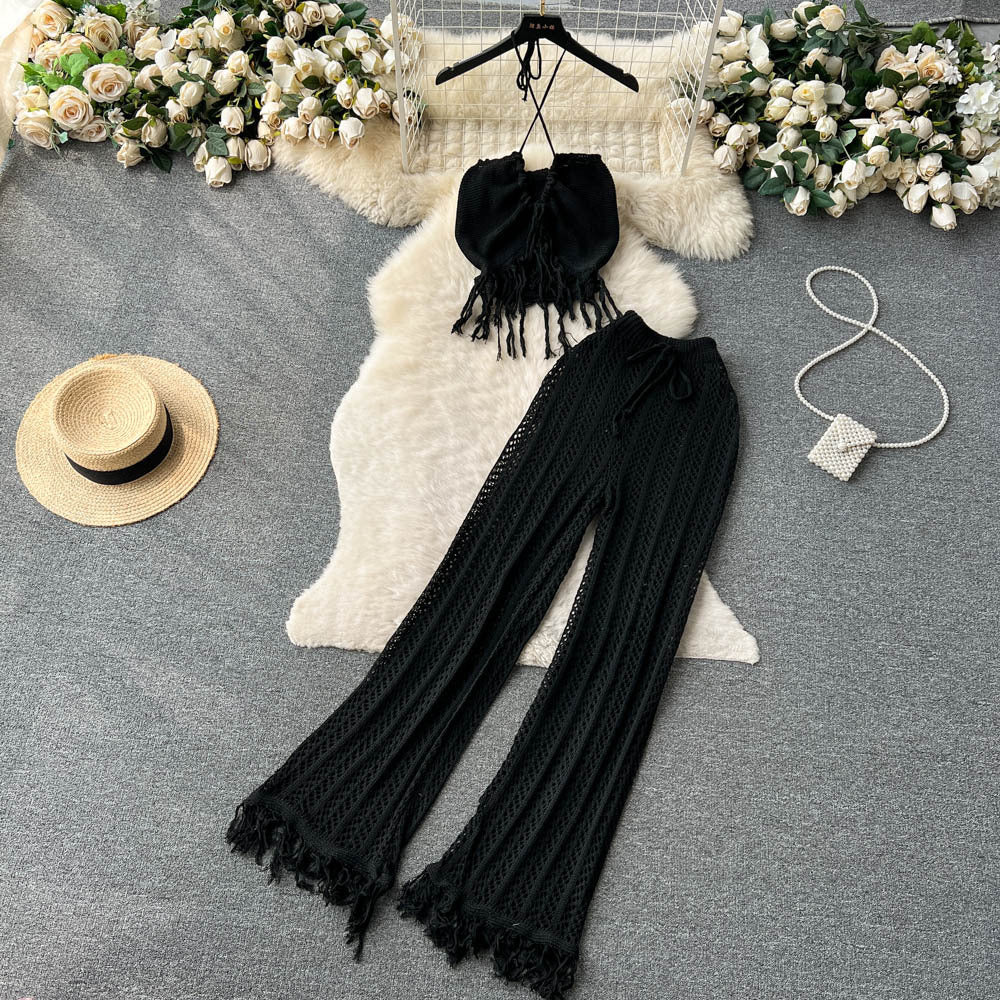 Bohemian beach vacation set for women: summer knit tassel halter top and high-waisted cutout pants two-piece outfit