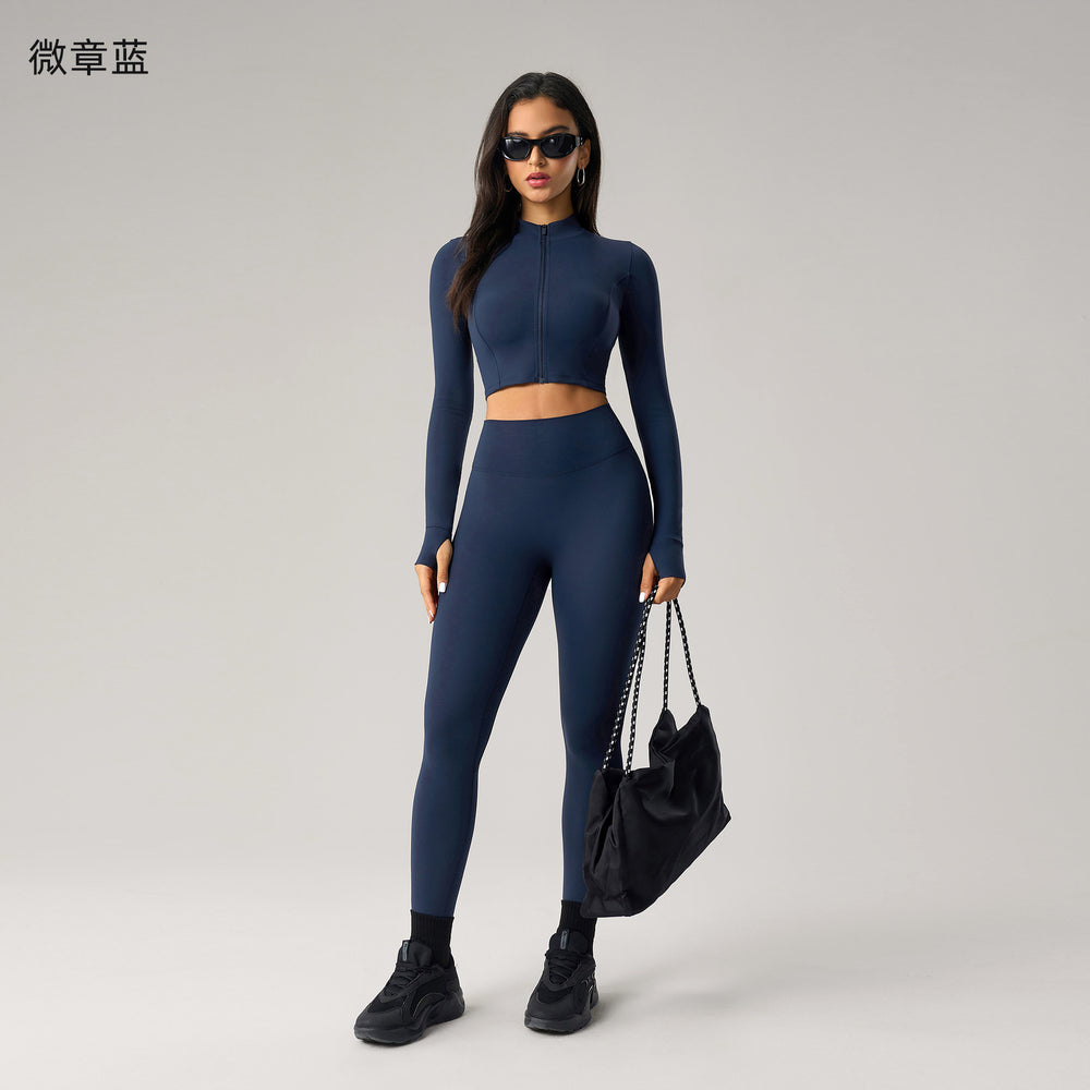 Fashion cross-border nude long sleeves yoga fitness suit women's back sports intimateshigh waist hip lifting tight nine-point pants