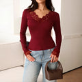European and american cross-border hot-selling spring new women's solid color fashion v-neck lace trim patchwork waist-defining slim-fit top