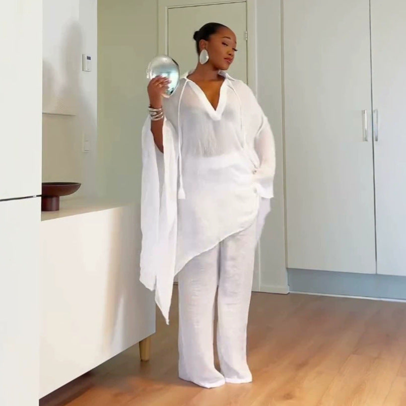 European and american cross-border women's clothing  summer new arrival: casual loose plus size tie-waist shirt and high-waisted pants fashion set