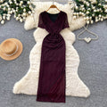 Elegant v-neck tie-waist short-sleeve dress - women's summer korean style slim fit slit maxi dress