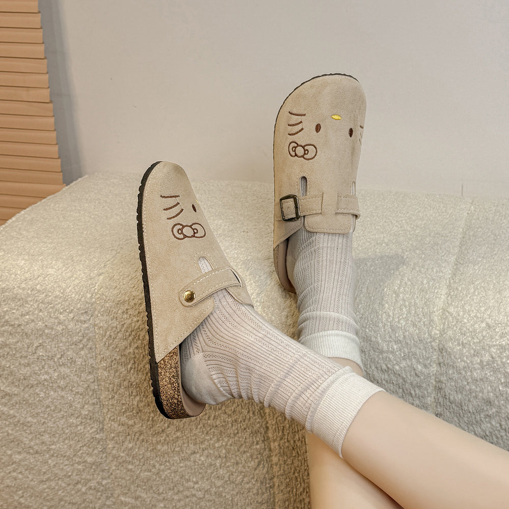 Sewing cartoon cat birkenstock shoes women's half-slippers thick sole loafers outweareasiest for match soft bottom spring summer toe-cap shoes wholesale