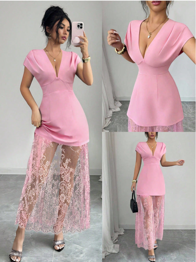 Amazon women's spring/summer new arrivals: elegant v-neck sexy urban lace patchwork short sleeve dress/gown
