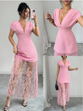 Amazon women's spring/summer new arrivals: elegant v-neck sexy urban lace patchwork short sleeve dress/gown