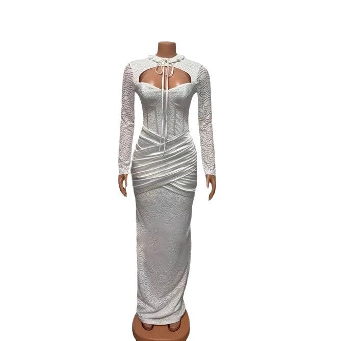 European and American new semi-turtleneck lace-up splicing low-cut sexy hip-wrapped long-sleeved dress evening dress
