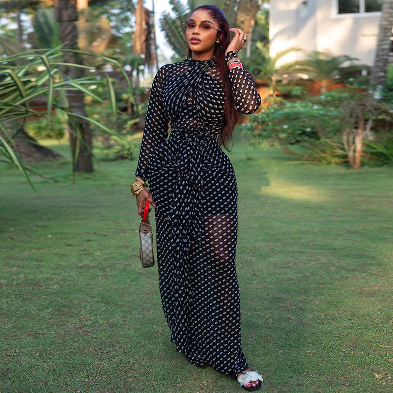 Fashion styleexport outdoor elegant women's fashion polka dot waist bag hip skirt high collar long sleeves travel tight dress