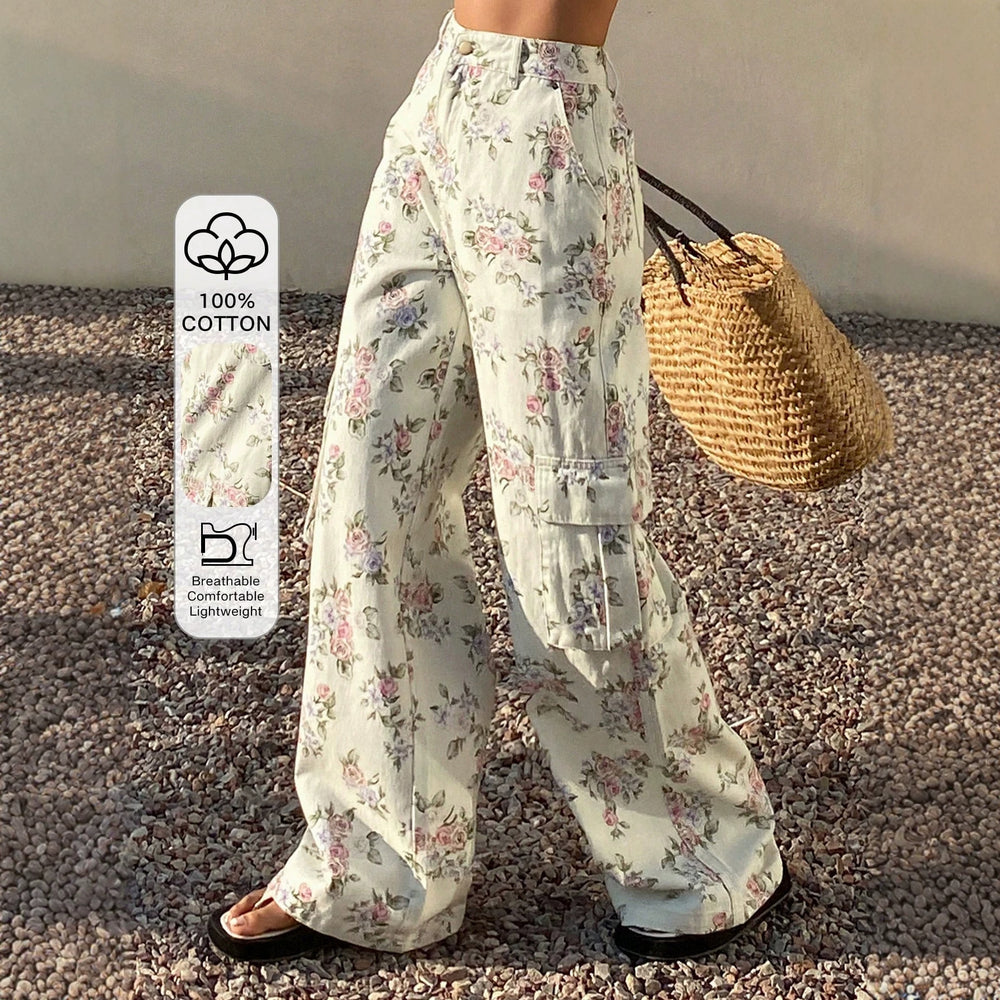 European and american style women's all-cotton floral print cargo wide-leg jeans - high-waisted, loose fit, straight leg, casual, floor-length trousers