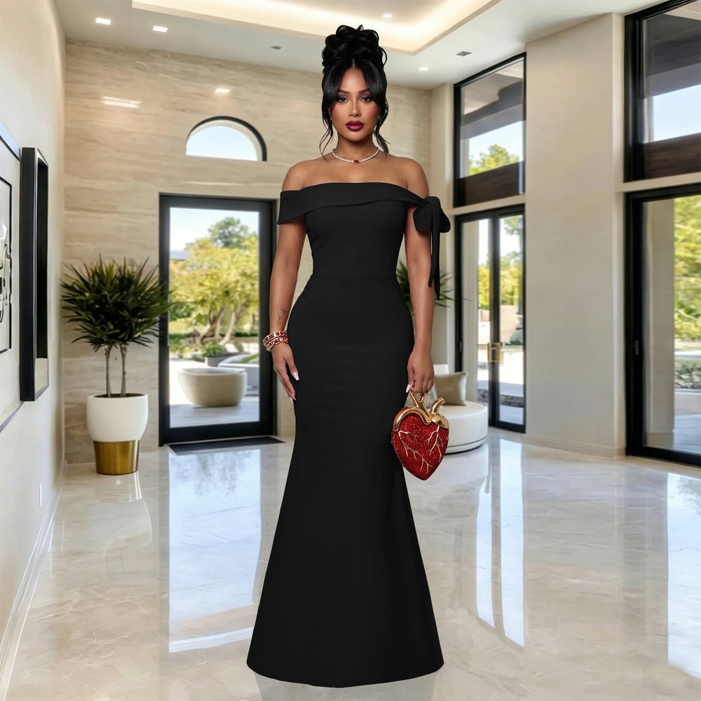 C7681 cross-border   fashion women's elegant one-shoulder off-the-shoulder bodycon dress