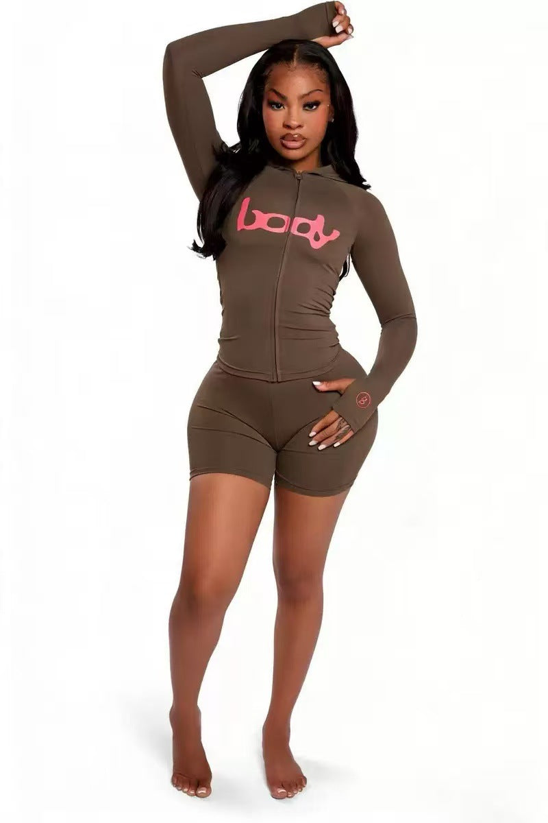 New ins trendy printed sporty stretch zip-up hoodie and shorts two-piece set for women