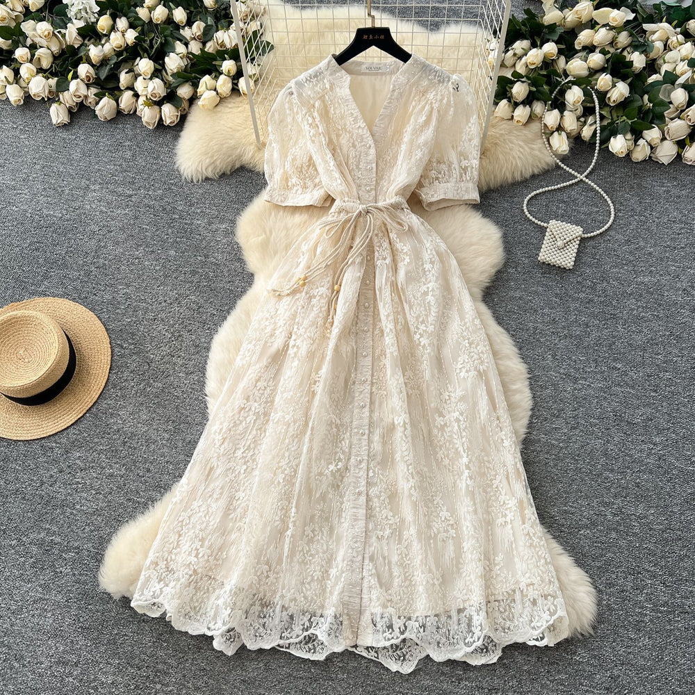 French chic high-end women's dress - 2025 summer fashion: tie-waist, single-breasted, embroidered mesh maxi dress