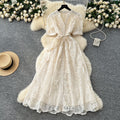French chic high-end women's dress - 2025 summer fashion: tie-waist, single-breasted, embroidered mesh maxi dress