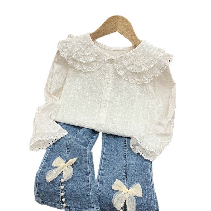 Girls' long-sleeve shirt - autumn  collection - kids' double-layer peter pan collar blouse - korean style princess top
