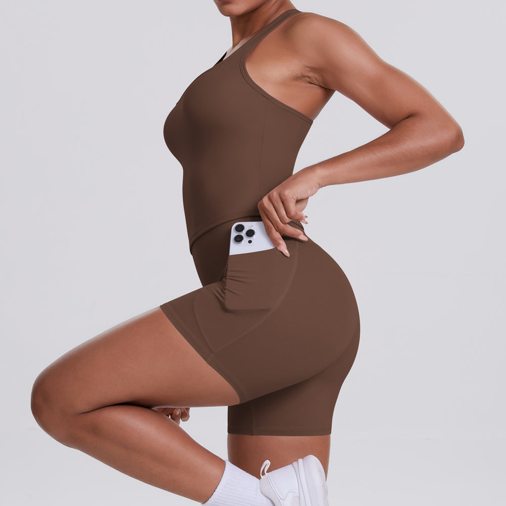 brushed pure color tight racerbackflap pocket pants shorts sports suit running fitness yoga wear two-piece set