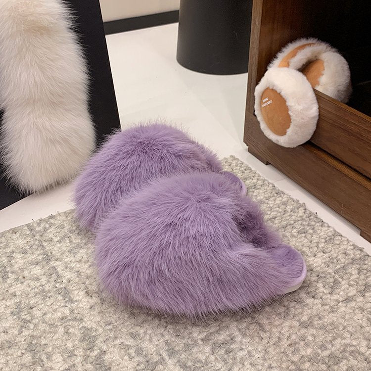 plus sizepure color fluffy large fur slippers soft bottom winter toe-cap home heattech multi-color cotton slippers