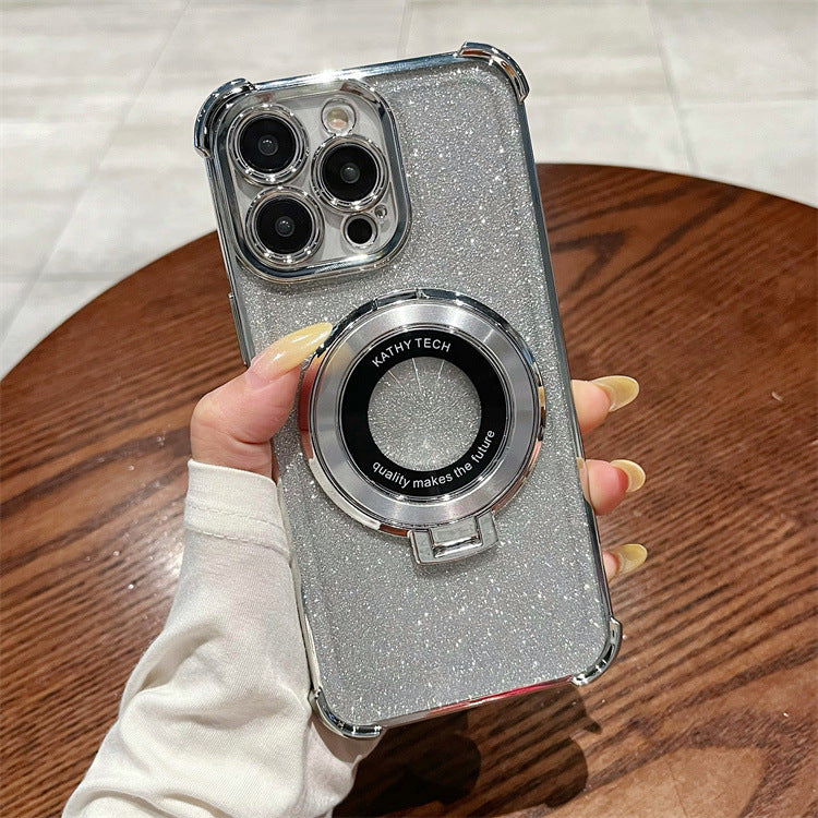 Suitable for apple 16pro four-corner anti-fall electroplated mobile phone case iphone15/14 glitter ring holder protective cover