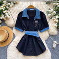 Korean style commute chic: denim patchwork turn-down collar shirt - women's summer short sleeve, cinched waist, tie-up, slimming, designer top
