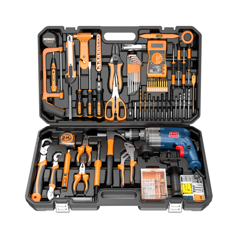 Household hardware tool set - electrician & carpenter specialized repair tools - drill & impact drill kit with toolbox
