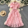 French chic lace-trimmed dress: women's summer short-sleeve a-line dress with tie waist – elegant and refined