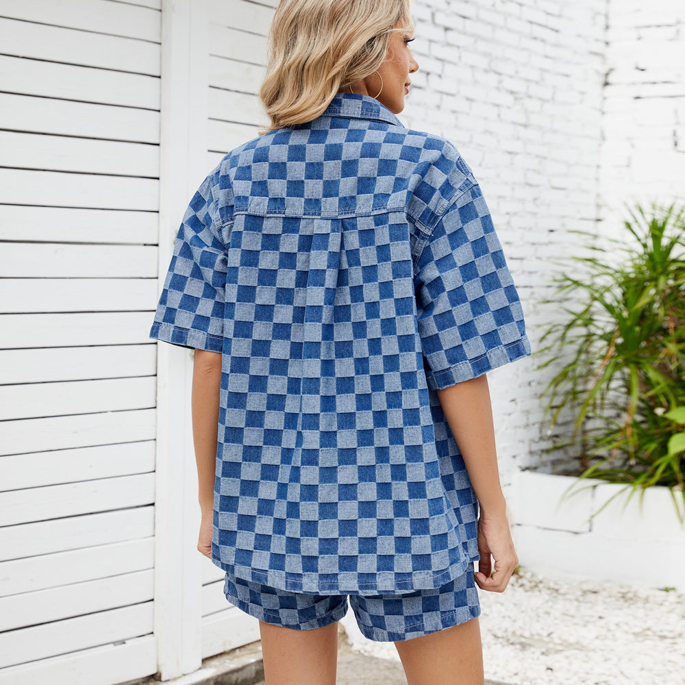 Fashion cross-border women's summer new arrival  thin washed casualloose denim plaid shirt short-sleeved suit
