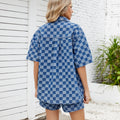 Fashion cross-border women's summer new arrival  thin washed casualloose denim plaid shirt short-sleeved suit