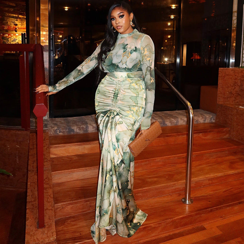 Fashion style cross-border printed waist wrap silm skirt suit pleated long skirt high collar trendy two-piece set casualwork clothing women's clothing