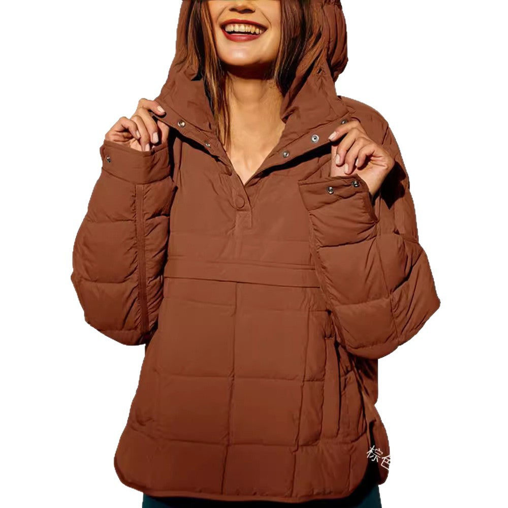 European and american  new casual fashion solid color cotton padded jacket, loose fit long sleeve pullover hoodie with round hem top