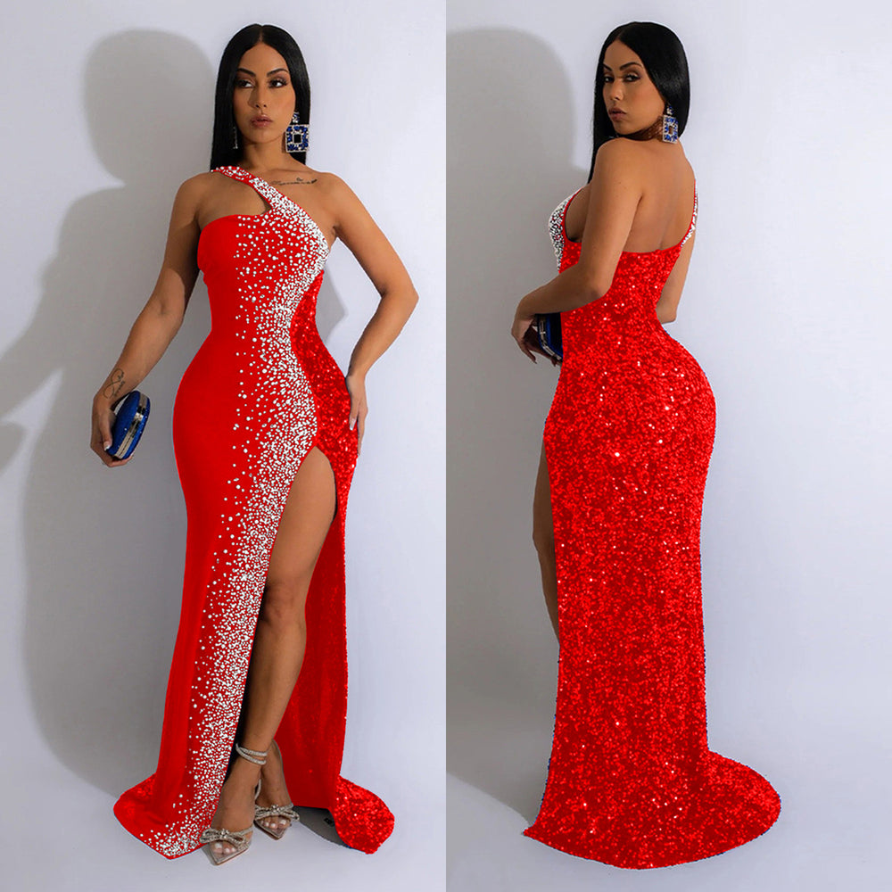 C6365 cross-border   fashion women's solid color rhinestone sequin sleeveless maxi dress