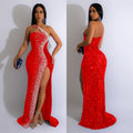 C6365 cross-border   fashion women's solid color rhinestone sequin sleeveless maxi dress