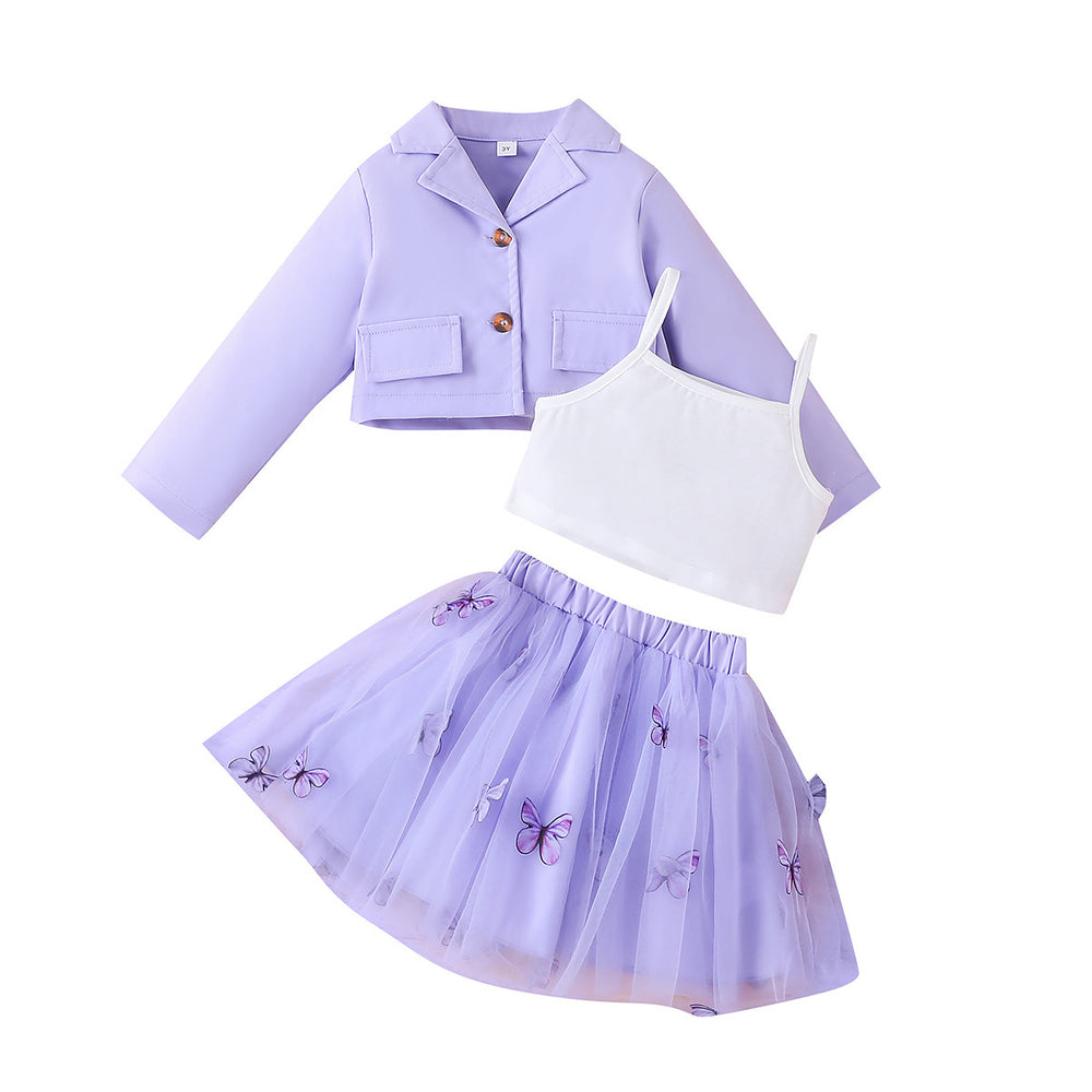 new girls' long-sleeve jacket + vest + skirt three-piece set - spring/autumn mesh skirt outfit for little girls