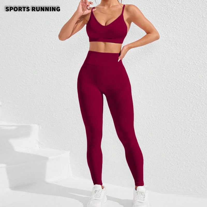 Seamless elastic yoga suit, autumn and winter peach hip trousers, sexy suspender bra, sports suit for women