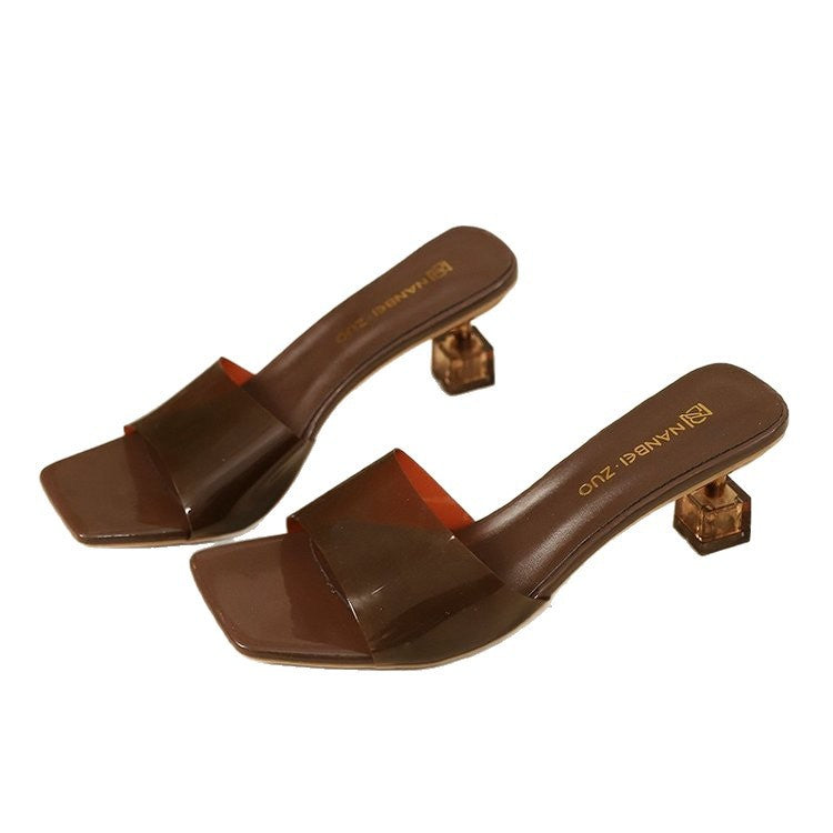 Exportplus sizefrench crystal stiletto square toe one-strap slippers women's outwearnew arrival high-heeled transparent sandals women's slippers
