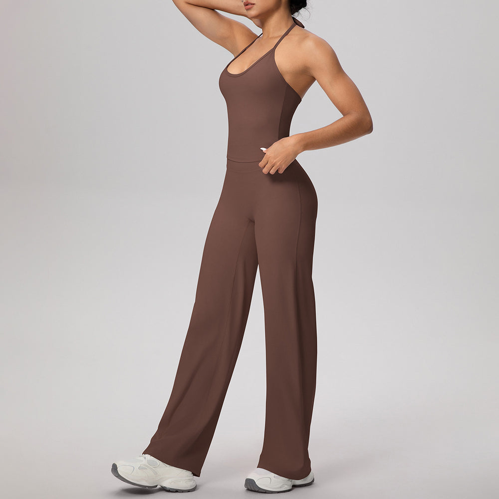 pure color brushed beautiful back tight strap halterhigh waist yoga suit sports running fitness two-piece set