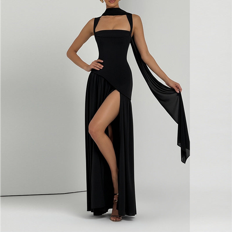 women's summer new arrivals:  cross-border fashion - european & american style, elegant solid color pleated slit dress