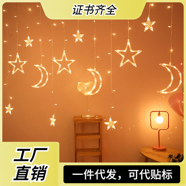 Manufacturer wholesale LED star and moon lights string small colorful lights star moon curtain lights outdoor camping garden decorative lights