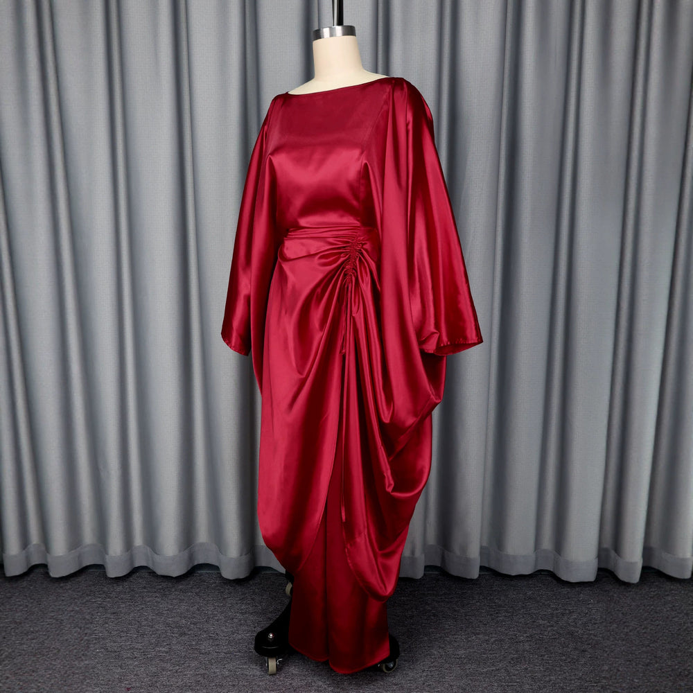 African deep red satin drawstring pant set - loose batwing sleeve cinched waist slimming robe wide leg two-piece outfit