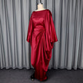 African deep red satin drawstring pant set - loose batwing sleeve cinched waist slimming robe wide leg two-piece outfit