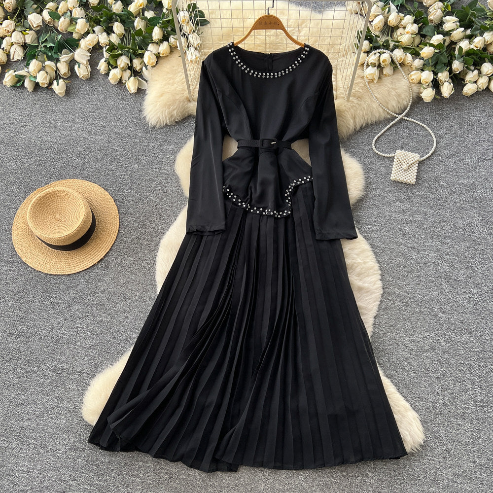 Korean style red long-sleeved a-line bodycon dress - women's spring/summer commute-friendly, slimming, pleated maxi skirt