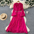 French style pleated bodycon dress - women's spring long sleeve a-line dress - cinched waist, elegant and gentle long dress