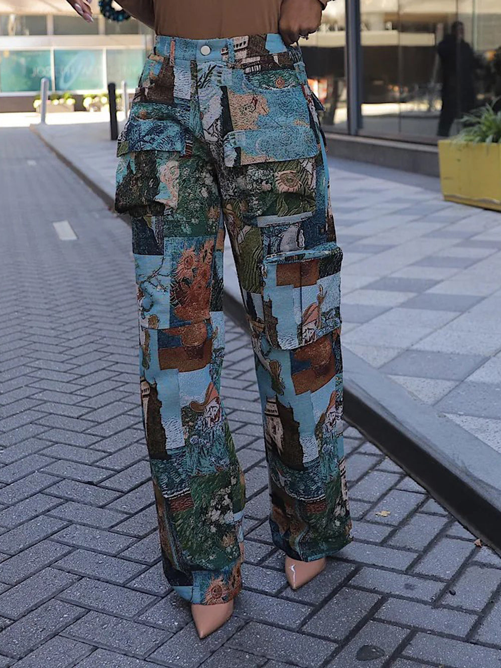 european and american style women's casual trousers - fashionable trendy jacquard retro multi-pocket cargo pants