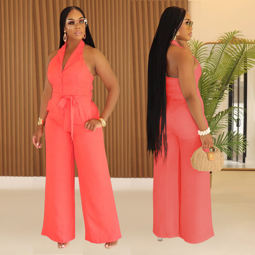 C7368 cross-border   fashion women's summer casual solid color v-neck backless jumpsuit new