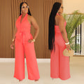 C7368 cross-border   fashion women's summer casual solid color v-neck backless jumpsuit new