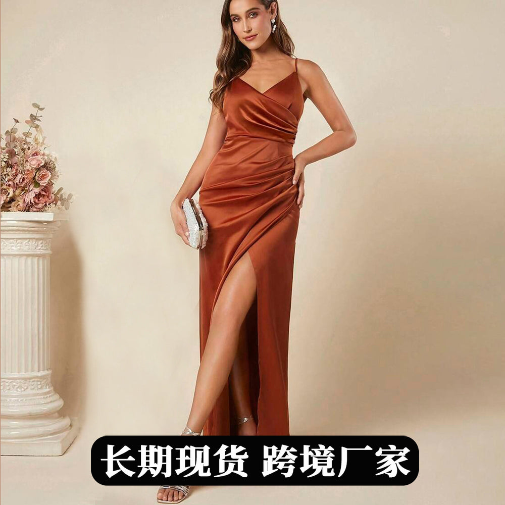 European and american cross-border women's spring/summer new satin slip dress, sexy ruched skirt for foreign trade, bridesmaid dress