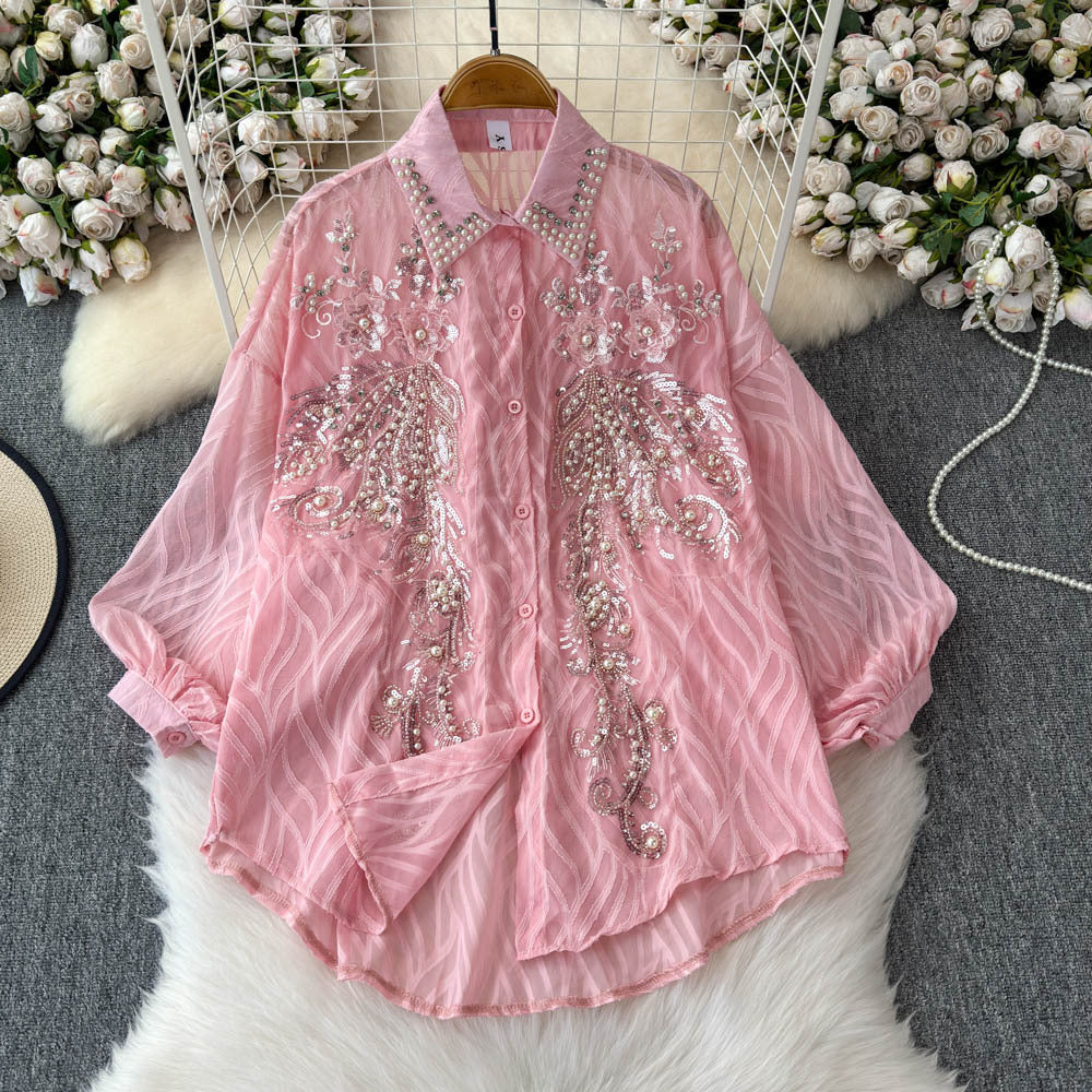 Fashionable age-reducing shirt for women french heavy industry sequinembroider diamond-encrusted easiest for matchclassy lantern sleeve slimming looktops trendy